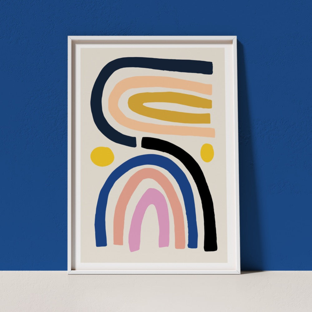 A best-selling Giclée Art Print from Artist Claire Ritchie. Two multi-colour rainbows sit side by side with a yellow orb by each side. A soothing addition to any space.