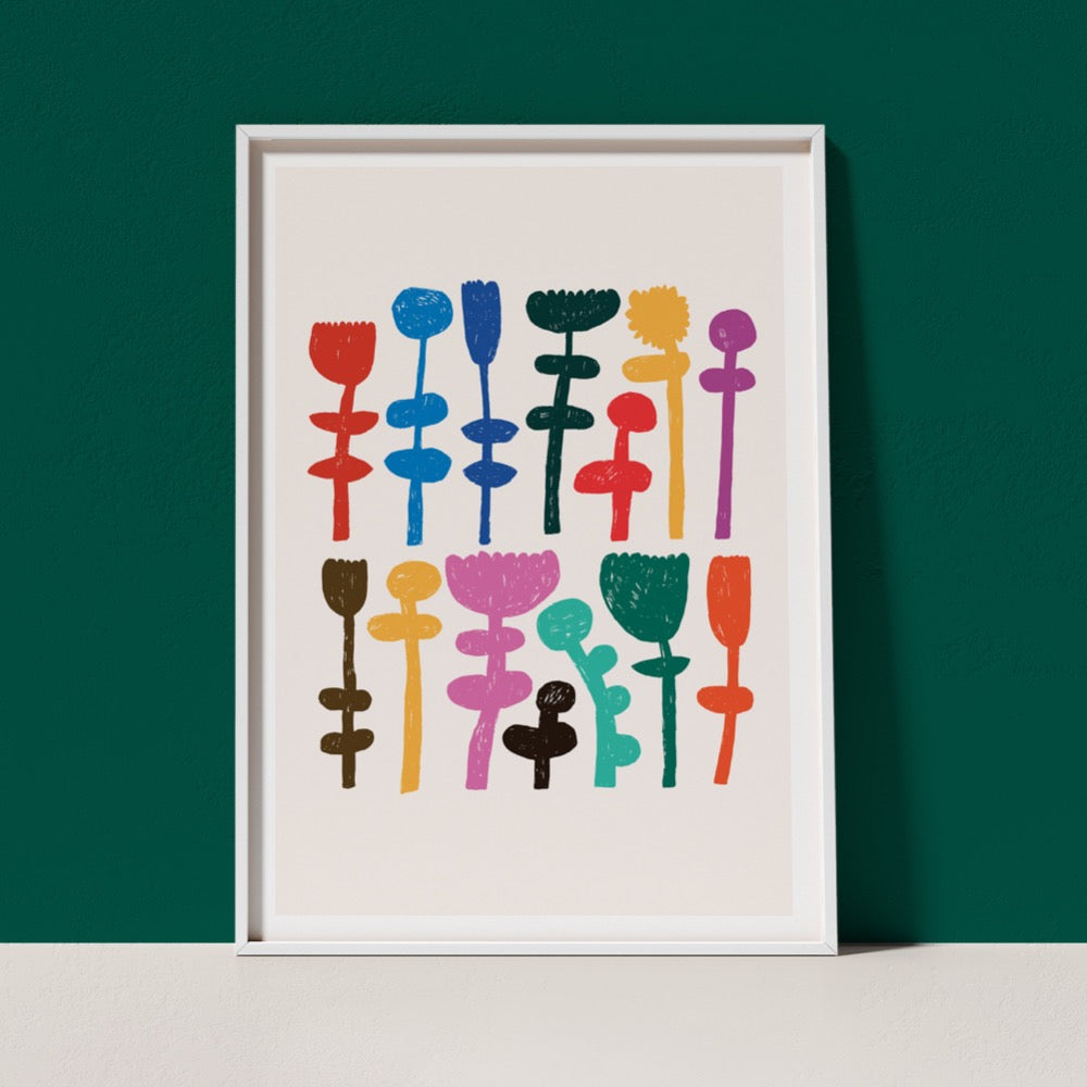 A classic Giclée Art Print from Artist Claire Ritchie. Two rows stacked on each other show multi-coloured stems laid side-by-side. A cheerful addition to any space.