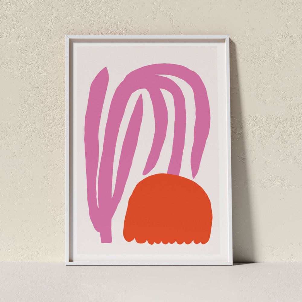 A classic Giclée Art Print from Artist Claire Ritchie. A beautiful, red, tulip-like bloom hangs low as the rich pink stem bends fully toward the bottom right hand corner of the print. A cheerful addition to any space.